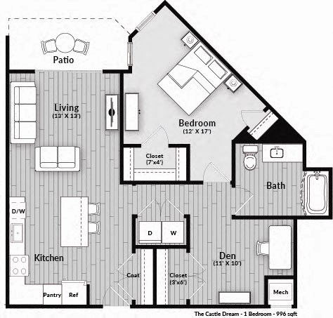 Floor plan for 1 bed, 1 bath, 996 sqft